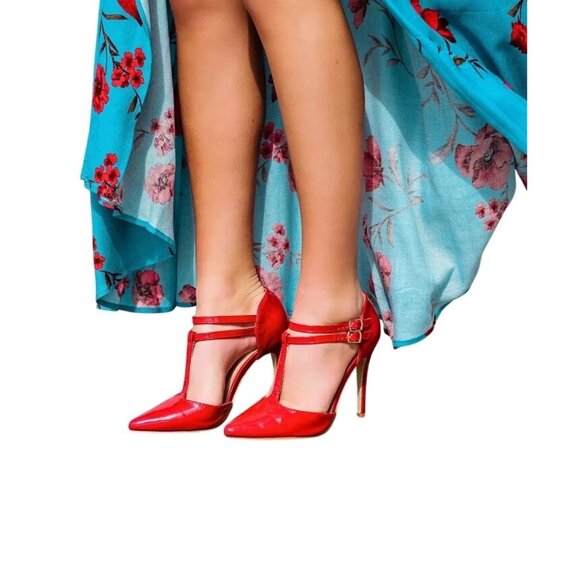 Red Journee Pointed Toe T-Strap Sz 8 Pumps With Double Buckle Strap Women's High - Picture 2 of 6